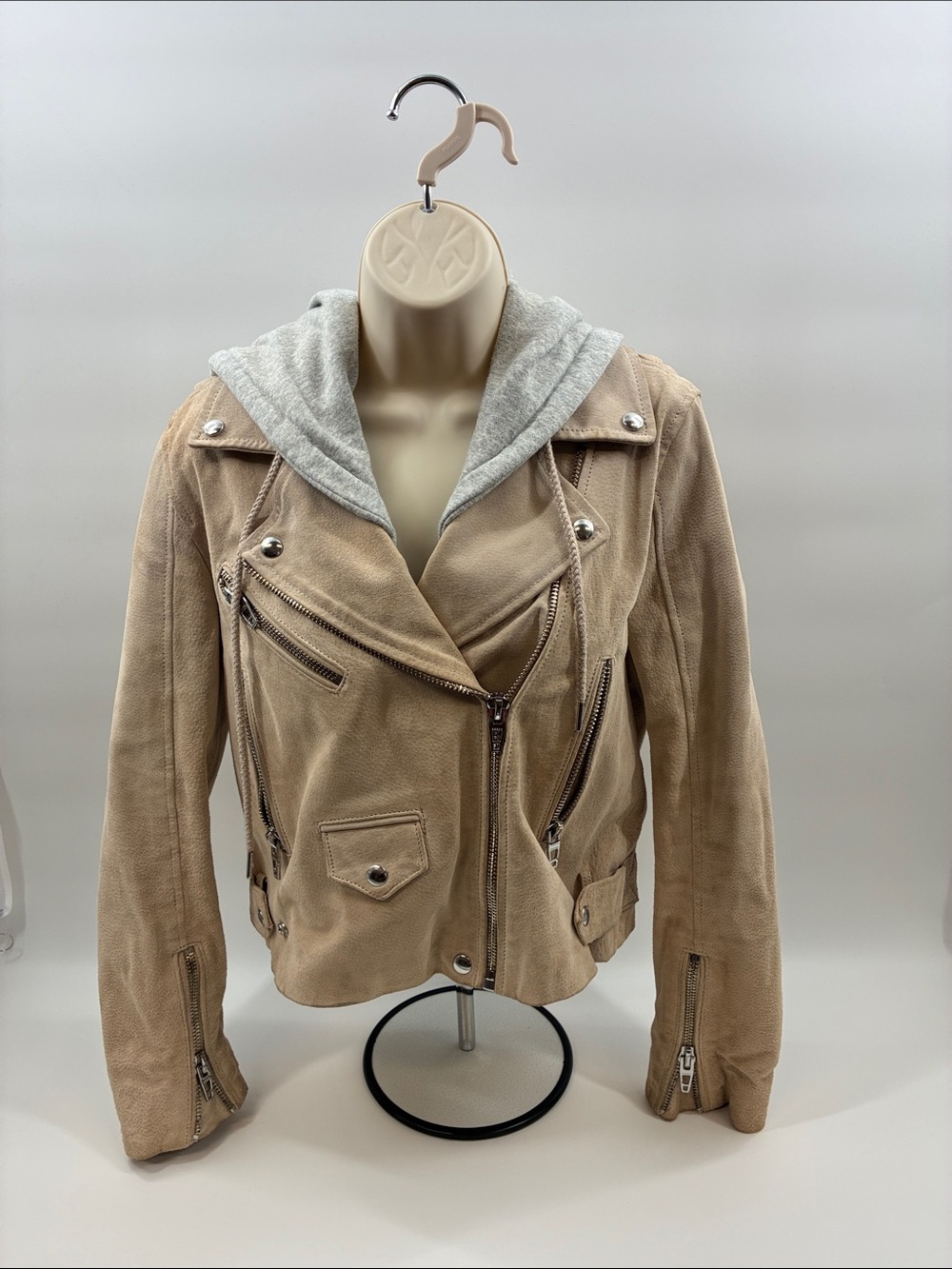 Blank NYC Beige Suede Moto Jacket with Gray Hooded Liner